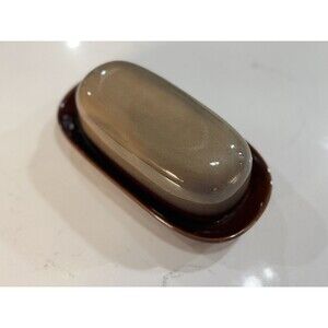 Ceramic Vintage Butter Dish Brown Beige Earth Tomes 2 Pc Set 7.5" 1980s